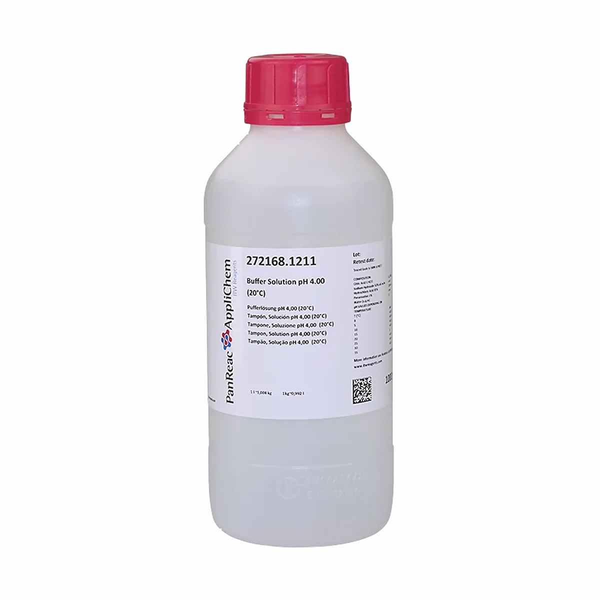 Solución Tampón pH 4.00 a 20 grados centigrados (Incolora) Certificada PanReac